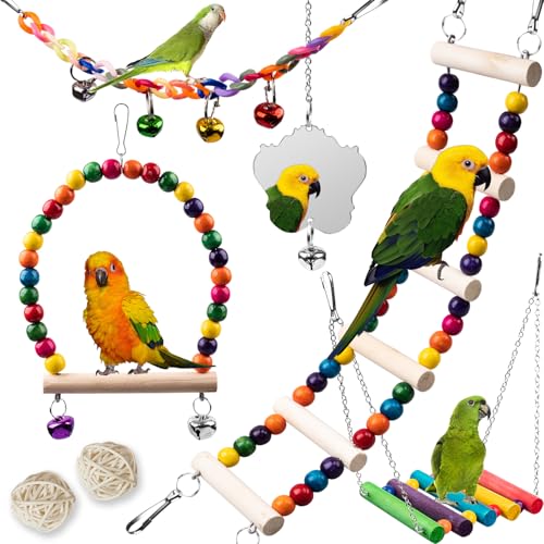 Bird Toys for Parakeets 7Pcs, Wood Parrots Budgie Cage Accessories, Bird Perch Swings for Small Conure Cockati - view 2