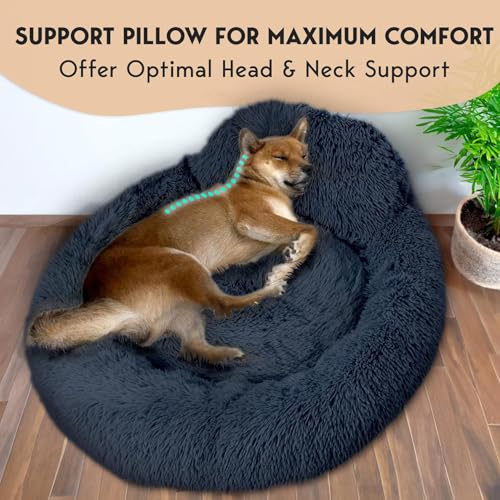 PetJett Calming Dog Bed Medium Size Dog - 30'' Donut Bed, Anti-Slip & Washable Super Soft Fluffy Plush Round B - view 3
