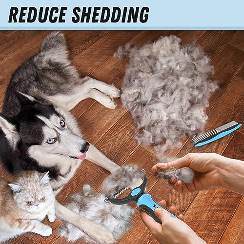 Docrok Pet Grooming Combo - Blue Deshedding Brush with Metal Comb for Detangling and Dematting Long, Matted Fu - view 6