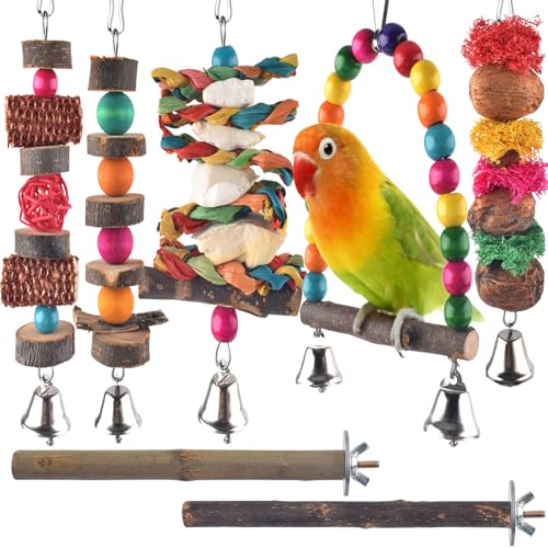 Bissap Bird Chew Toys, 7 Packs Parakeet Natural Wood Toys Parrot Hanging Cage Toy Perch Stand for Small Birds  - view 2