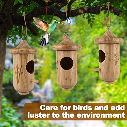 Hummingbird House for Outside Hanging, Small Wooden Hummingbird Gifts Nest 3 Pack with Hemp Ropes, Gardening G - view 7