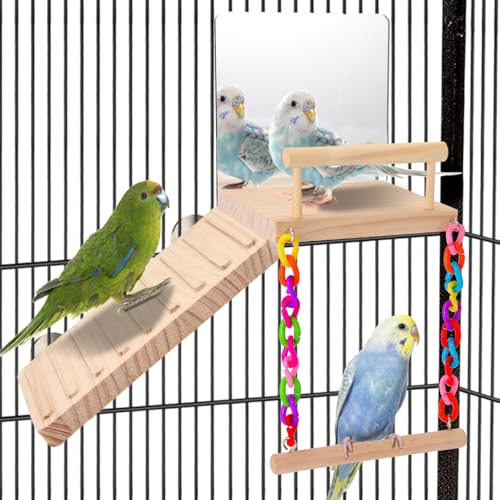 KyoukiBird Perch Platform Bird Toys with Bird Mirror Climbing Ladder Swing, Parakeet Cage Accessories - for Co - view 2