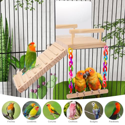 KyoukiBird Perch Platform Bird Toys with Bird Mirror Climbing Ladder Swing, Parakeet Cage Accessories - for Co - view 4