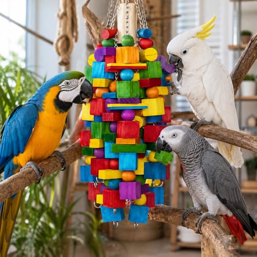 Large Bird Toy, 20 in XL Parrot Toys Natural Wood Blocks Bird Chew Toy for Foraging, Stainless Steel Chain Han - view 7