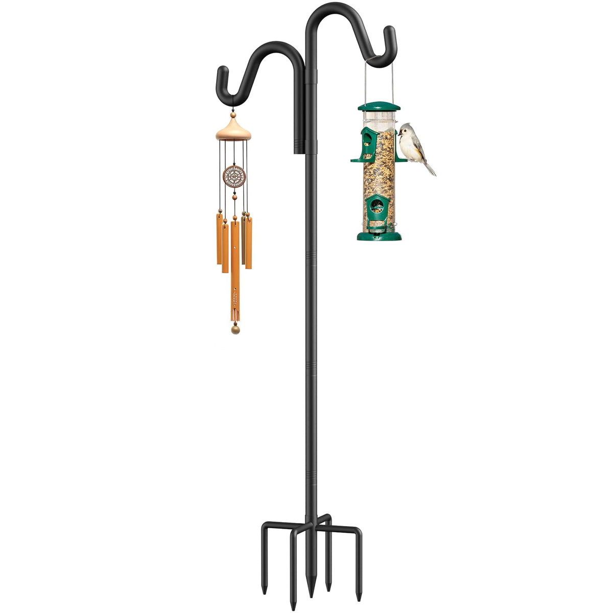 76" Double Hooks Heavy Duty Adjustable Bird Feeder Pole with Sturdy 5-Prong Base, Height Adjustable Shepherds 
