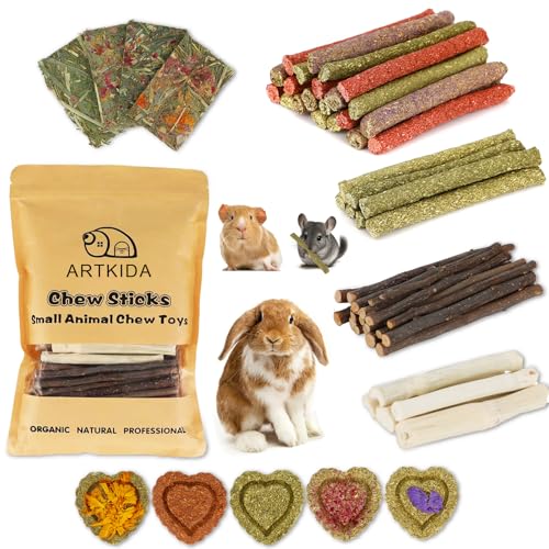 65PCS Rabbit Bunny Guinea Pig Chew Toys Treats, Chinchilla Hamster Chews Toys for Teeth, Timothy Hay Chips Tre - view 2