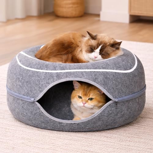 Peekaboo Cat Cave Donut - Cat Tunnel Bed for Indoor Cats – Cute Patterns Hideaway for Multiple & Large Cats, S - view 2