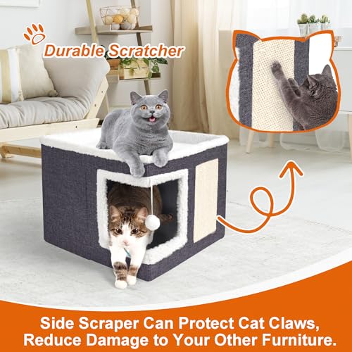 Cat Houses for Indoor Cats - Large Cat Bed Cave with Scratch Pad and Fluffy Ball, Foldable Cat Condo Hideaway  - view 3