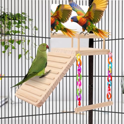 KyoukiBird Perch Platform Bird Toys with Bird Mirror Climbing Ladder Swing, Parakeet Cage Accessories - for Co - view 5