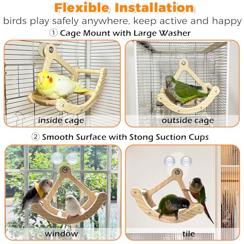 Rocking Bird Toys Perch for Window and Cage, Bird Perch for Wall Suction Mount, Wooden Parrot Toys for Medium  - view 3