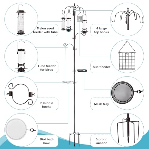 6-Hook Bird Feeding Station Kit, Wild Bird Feeder Stand Pole, Multi-Feeder Kit Stand with 4 Feeders, Bird Bath - view 4