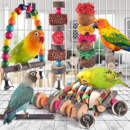 Bissap Bird Chew Toys, 7 Packs Parakeet Natural Wood Toys Parrot Hanging Cage Toy Perch Stand for Small Birds  - view 3