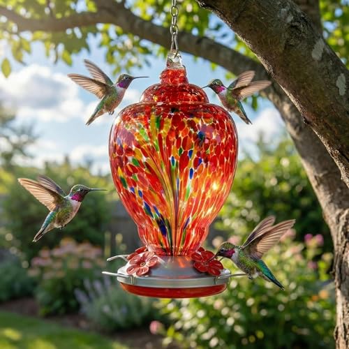 WOSIBO Hummingbird Feeder for Outdoors Patio Large 32 Ounces Colorful Hand Blown Glass Hummingbird Feeder with - view 4