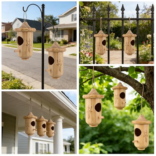 Hummingbird House for Outside Hanging, Small Wooden Hummingbird Gifts Nest 3 Pack with Hemp Ropes, Gardening G - view 6