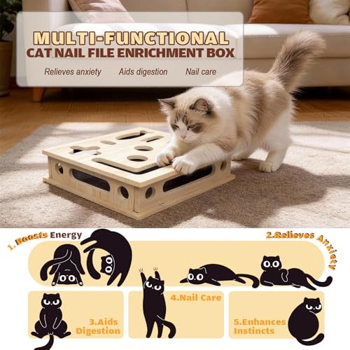 Cat Scratch Puzzle Enrichment Box, Large Solid Wood Construction Cat Nail File Enrichment Box with Sandpaper I - view 4