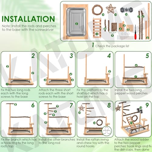 KATUMO Bird Playground - Natural Wooden Perches Parakeet Ladder Conure Swing Bird Cage Accessories with Remova - view 7