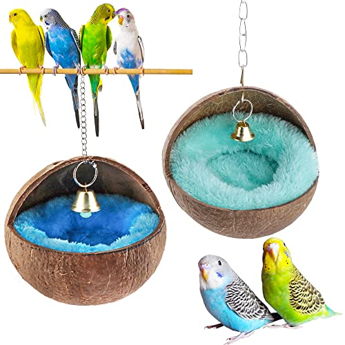 2 Pcs Natural Coconut Shell Bird Nest House Bed Breeding Nesting Anti-Pecking Bite with Warm Pad and Bell for  - view 2