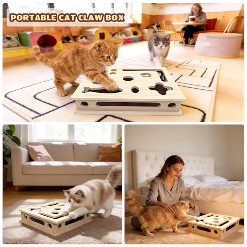 Cat Scratch Puzzle Enrichment Box, Large Solid Wood Construction Cat Nail File Enrichment Box with Sandpaper I - view 8