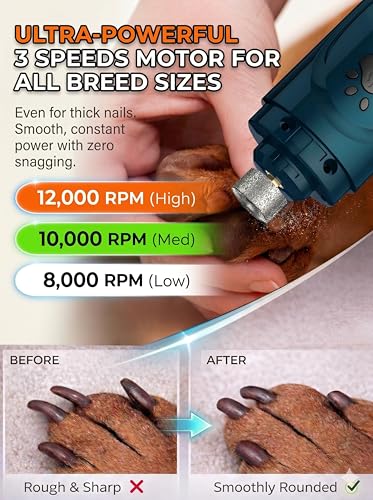 YABIFE Super Quiet Dog Nail Grinder & Clippers Kit with 2 LED Lights, 3 Speeds Up to 12,000 RPM, Lower Than 30 - view 5
