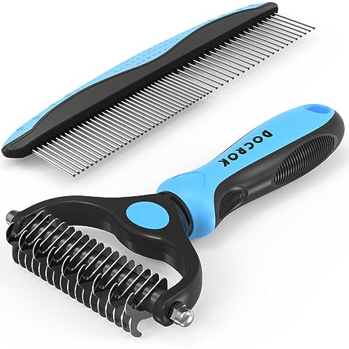 Docrok Pet Grooming Combo - Blue Deshedding Brush with Metal Comb for Detangling and Dematting Long, Matted Fu - view 2