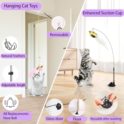 Soarer 3-in-1 Flying Bird Cat Toys - 7Pcs Wooden Cats Wand Toy Fishing Pole Cat Bird Toys Replacements,Interac - view 3
