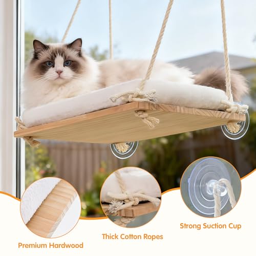 Cat Window Perch, Rustic Cat Hammock Bed with Solid Wood Seat 4 Heavy Duty Suction Cups, Plush Cushion, Indoor - view 5
