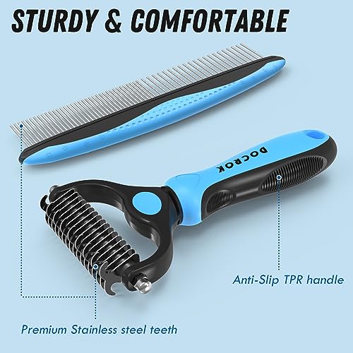 Docrok Pet Grooming Combo - Blue Deshedding Brush with Metal Comb for Detangling and Dematting Long, Matted Fu - view 7