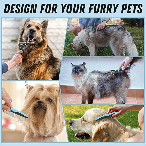 Docrok Pet Grooming Combo - Blue Deshedding Brush with Metal Comb for Detangling and Dematting Long, Matted Fu - view 8