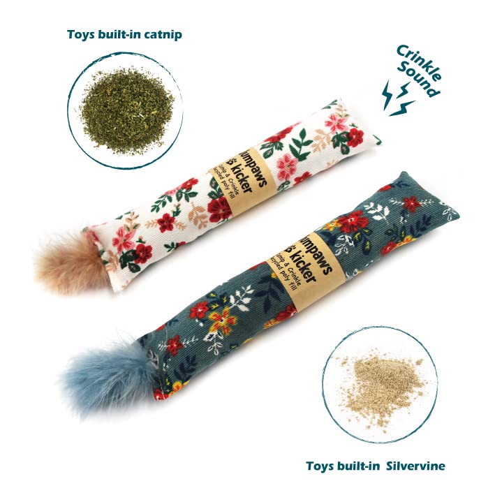 Jumpaws 2 Pack Natural Interactive Catnip & Silvervine Cat Kicker with Feathers, Bite Resistant Chew Toy, Crin - view 5