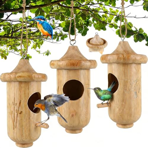 Hummingbird House for Outside Hanging, Small Wooden Hummingbird Gifts Nest 3 Pack with Hemp Ropes, Gardening G - view 2