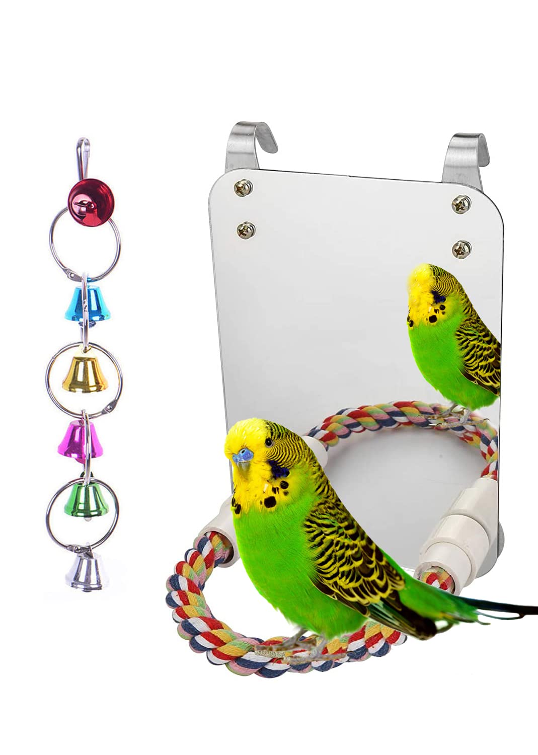 7" Bird Mirror with Rope Perch Bird Toys Swing, Comfy Perch for Greys s Parakeet Cockatiel Conure Lovebirds Fi