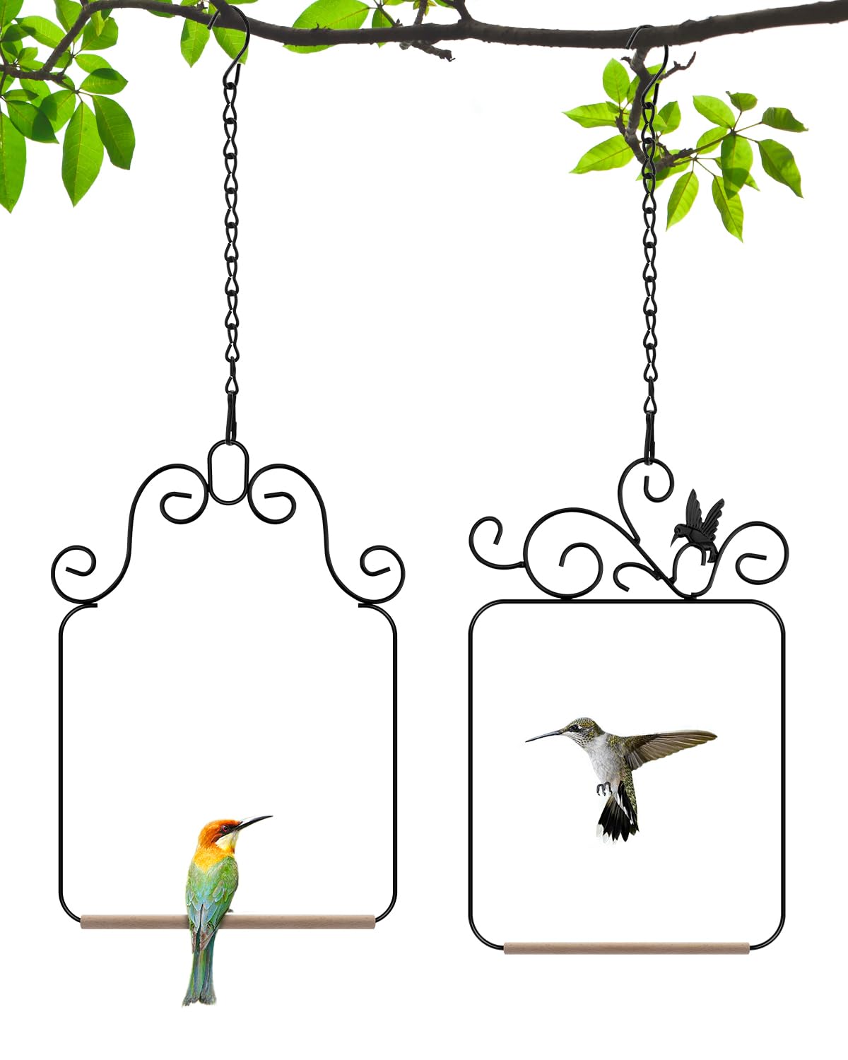 PACETAP Hummingbird Swings and Perches Metal Frame 2 Pack, Wild Bird Swing Outdoor Bird Perch with Wooden Dowe