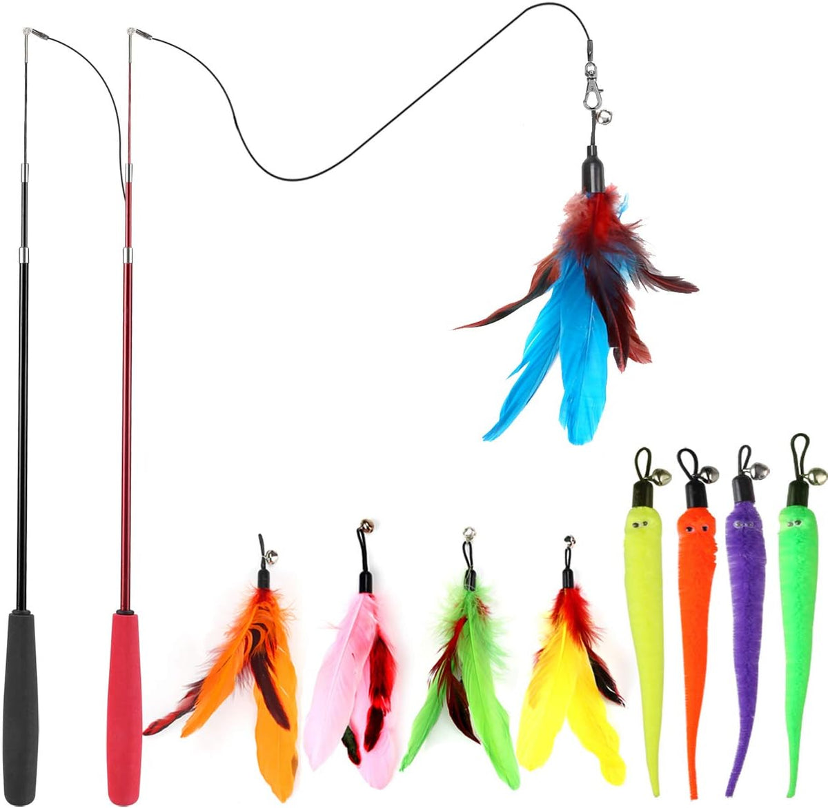 Cat Toys for Indoor Cats, Interactive Cat Toy 2PCS Retractable Wand Toy and 9PCS Cat Feather Toys Refills, Fun