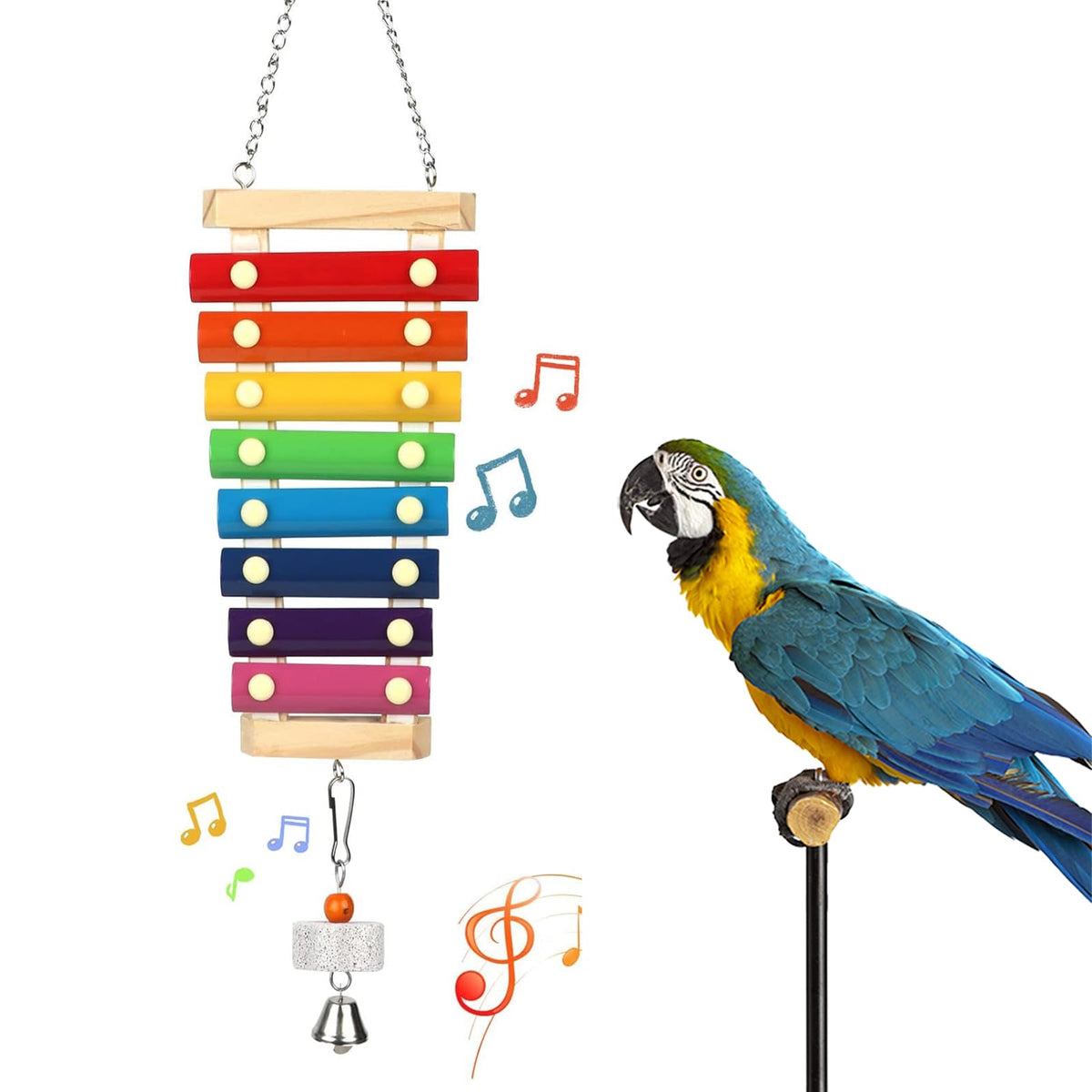 Large Parrot Suspensible Xylophone Toy, Multicolored Natural Wooden Bird Chewing Toys with Grinding Stone for 