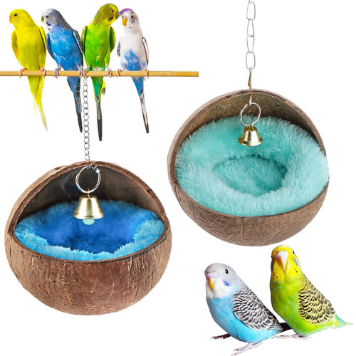 2 Pcs Natural Coconut Shell Bird Nest House Bed Breeding Nesting Anti-Pecking Bite with Warm Pad and Bell for 