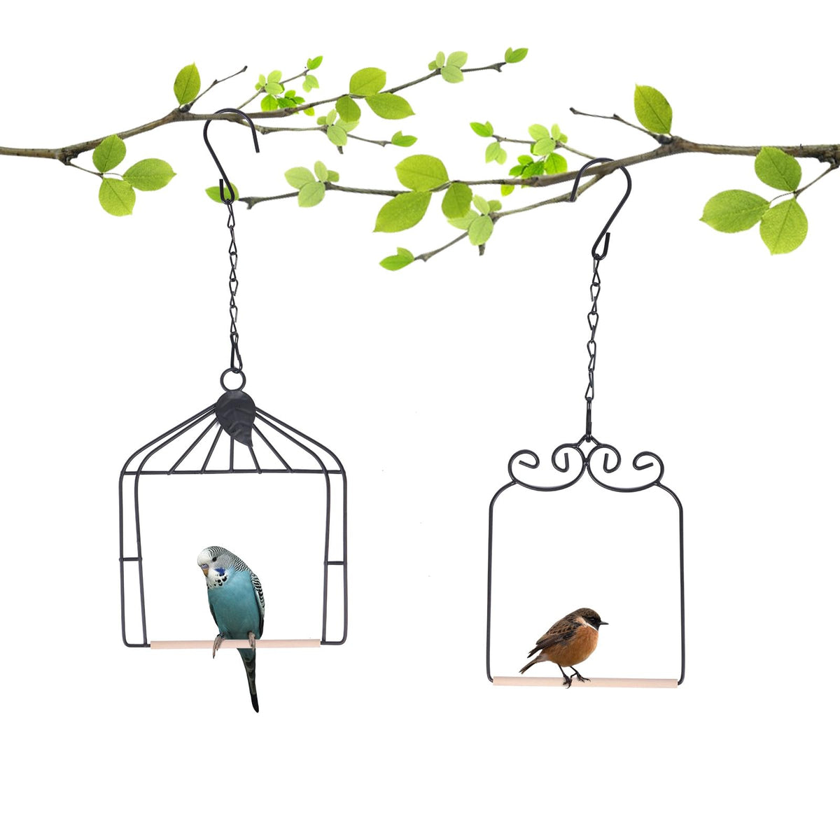 2PK Metal Frame Hummingbird Swings and Perches with Wooden Dowel Black Bird Swing Outdoor Bird Perch Humming B