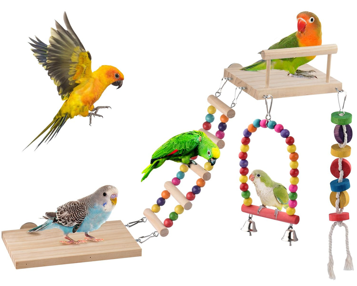 5in1 Bird Parakeet Toys, Detachable Birdie Perches Platform Swing with Climbing Ladder, Parrot Cage Stand Acce