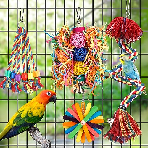 Bird Toys Rope Perch with Bell Colorful Bird Chewing Shredding Foraging Toys Parrot Swing Climbing Standing Ha - view 4