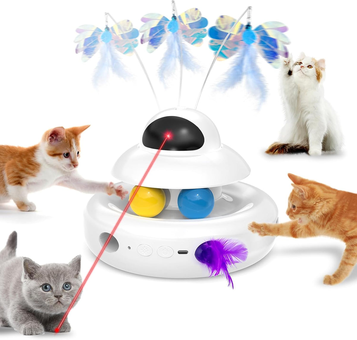 Interactive Cat Toys for Indoor Cats,4-in-1 Automatic Kitten Toy with Laser, Fluttering Butterfly, Moving Feat