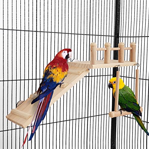Bird Perches Platform Swing with Climbing Ladder, Parakeet Cage Accessories Wooden Playing Gyms Exercise Sturd - view 3