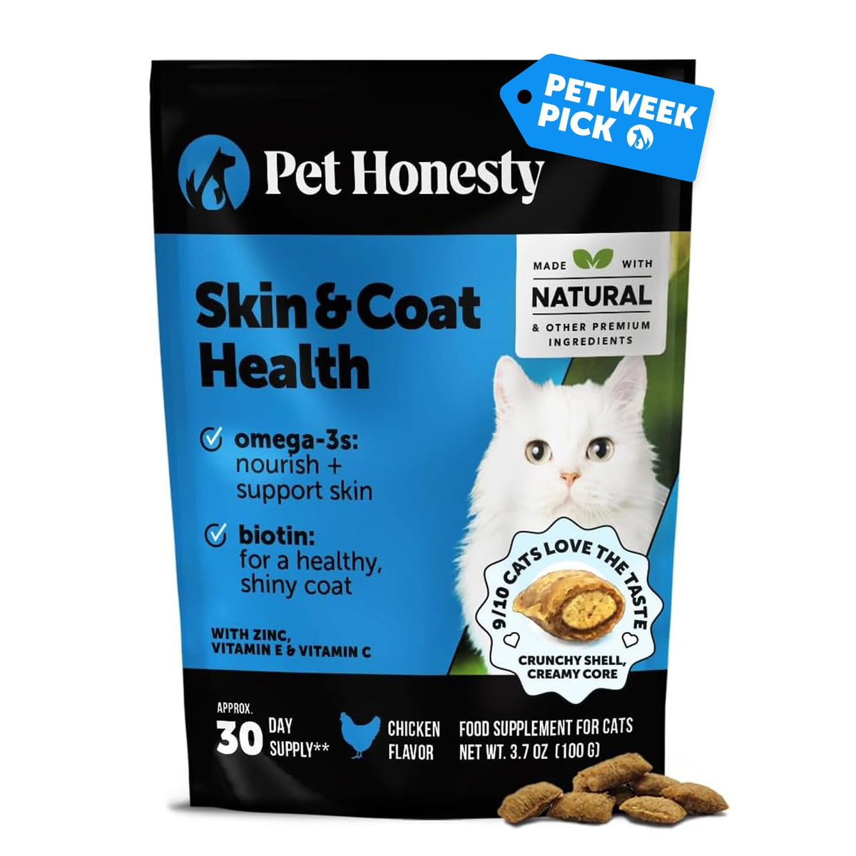 Cat Skin & Coat Health Chews – Crunchy & Creamy Treats with Omegas, Vitamin C & E, Biotin – Soothes Itchy, Dry