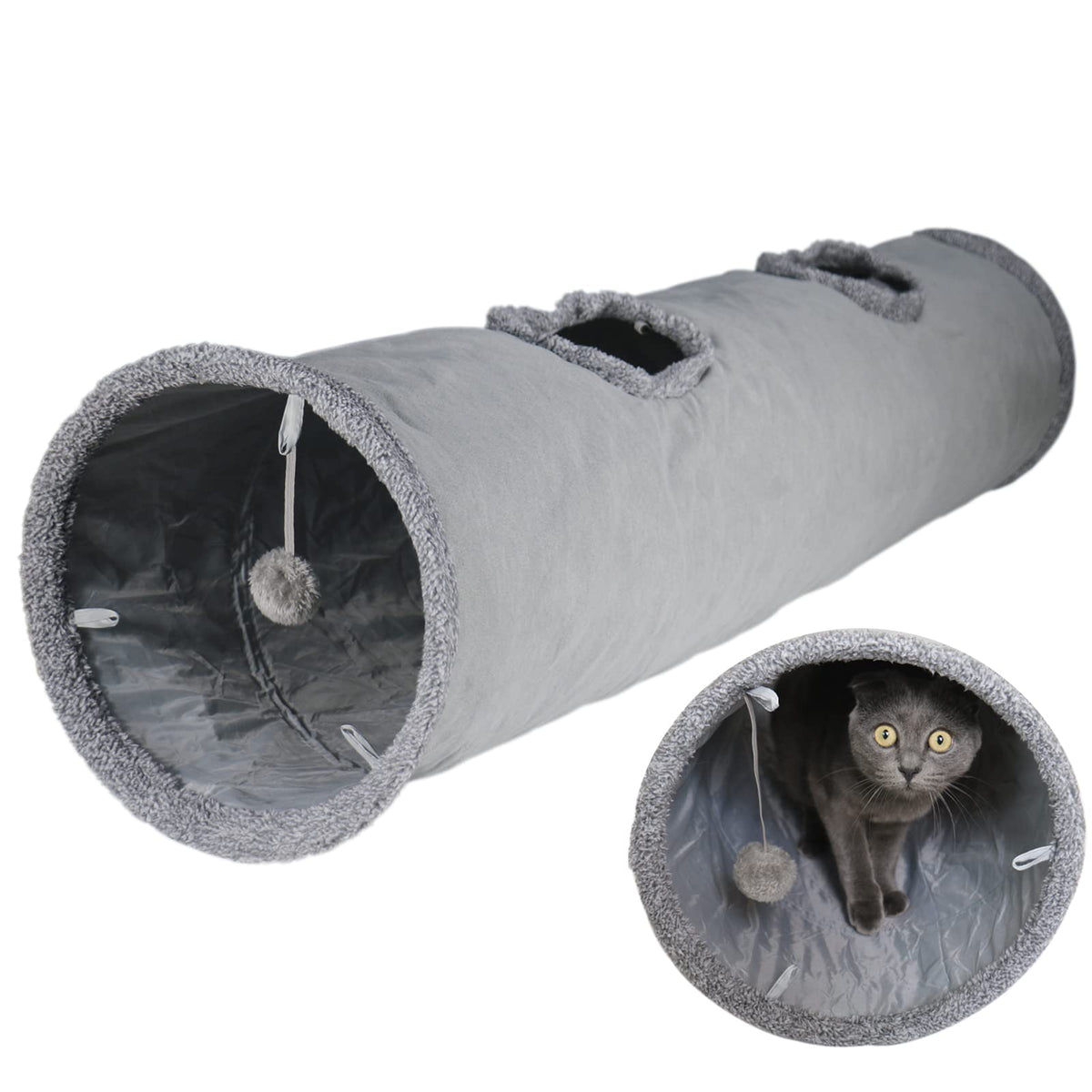 Cat Tunnel for Indoor Cats, 51×12 inch Foldable Big Cat Tunnel, Grey Suede Pet Tunnels with Two Peepholes and 