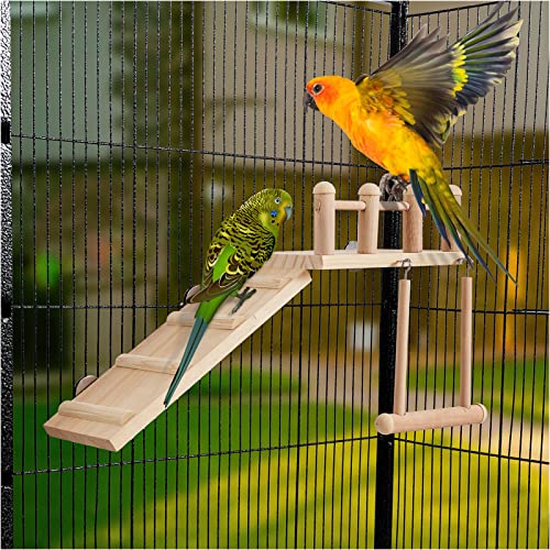 Bird Perches Platform Swing with Climbing Ladder, Parakeet Cage Accessories Wooden Playing Gyms Exercise Sturd - view 4