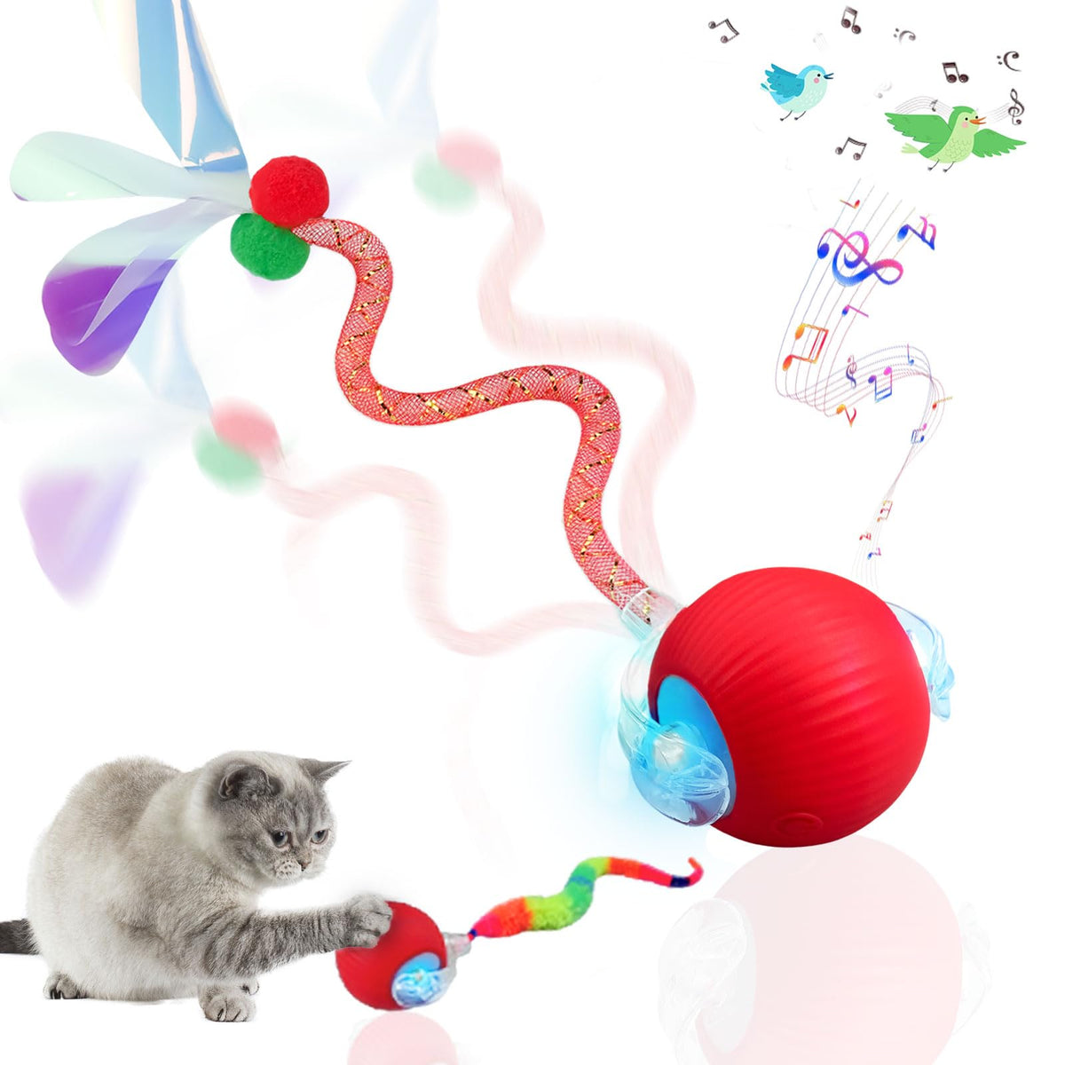 Interactive Cat Toys for Indoor Cats, Speedy Tail Cat Ball | 300mAh High-Capacity Battery, Controllable Chirpi