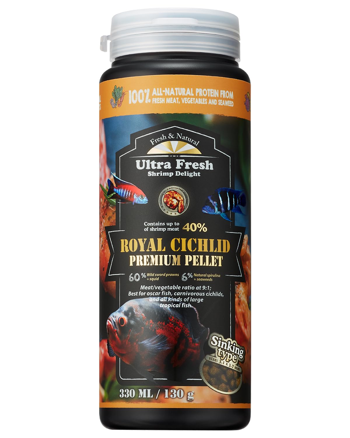 Ultra Fresh Cichlid Sinking Fish Food, Wild Sword Prawns, All Natural Ingredients, Carnivore Pellets for Large