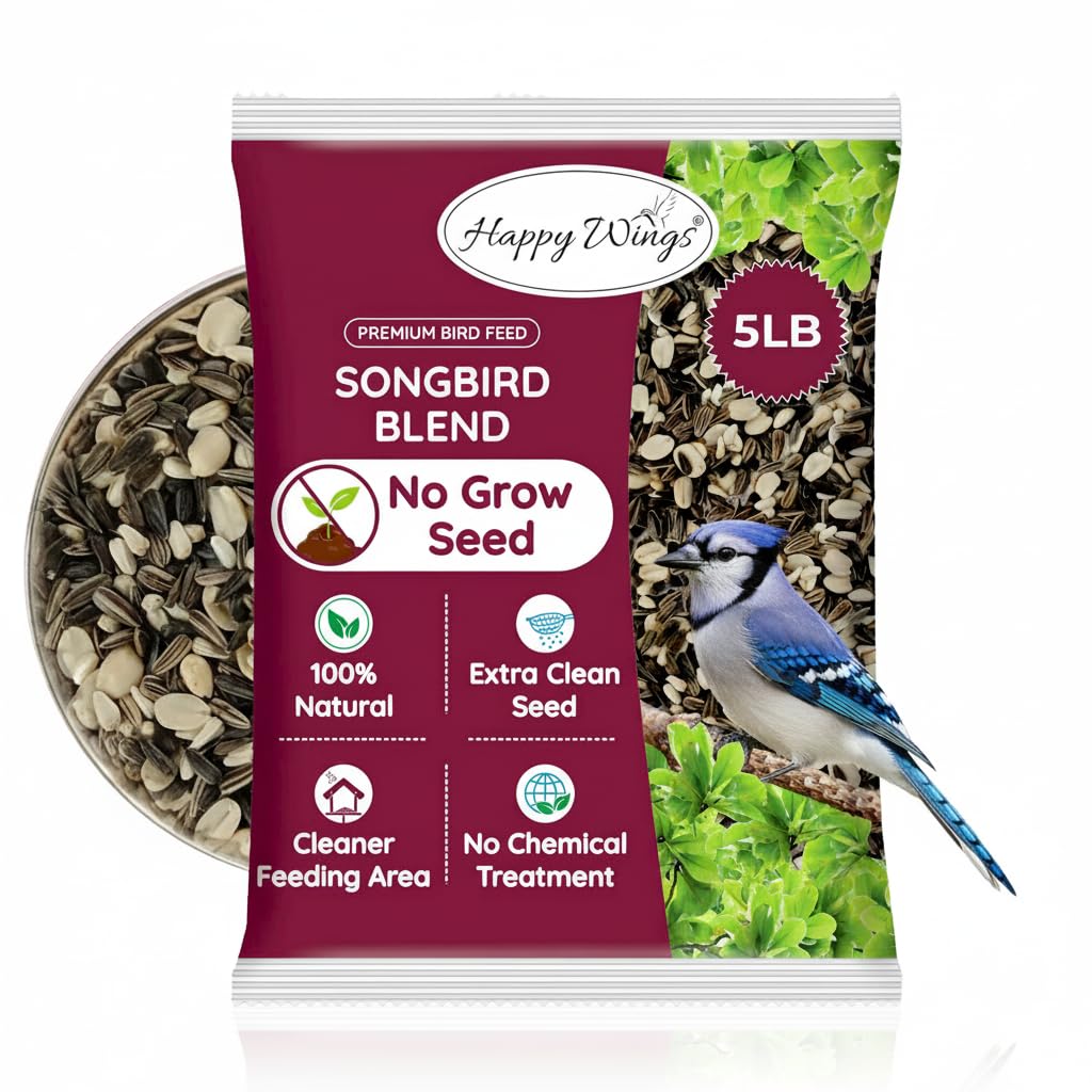 Happy Wings No Grow Bird Seed Mix 5lb - Songbird Bird Seed with Sunflower, Safflower & Peanuts - No Mess Birds