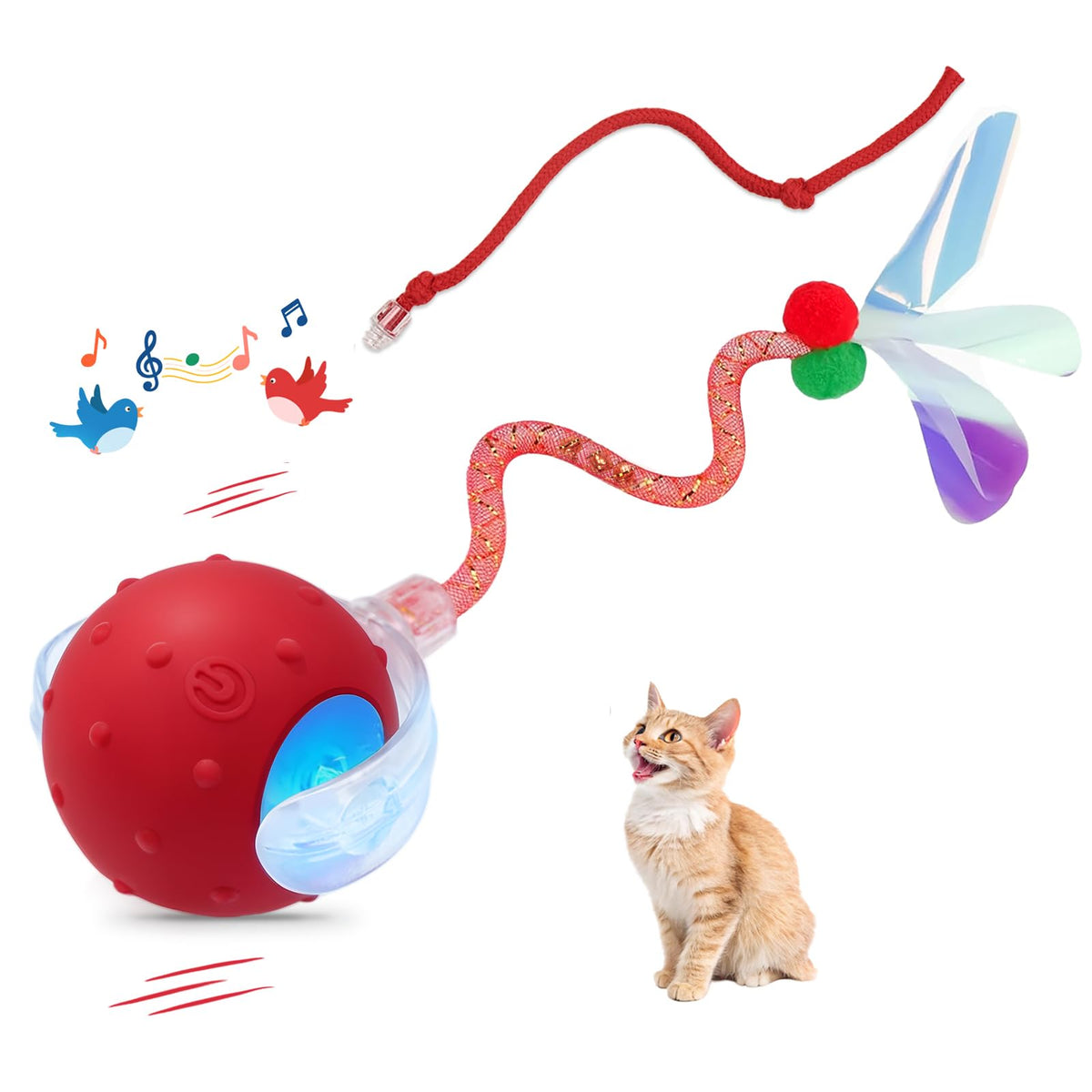 Interactive Cat Ball Toy, Chirping Motion Activated Electric Rechargeable Cat Toy with 2 Replaceable Tails, Se