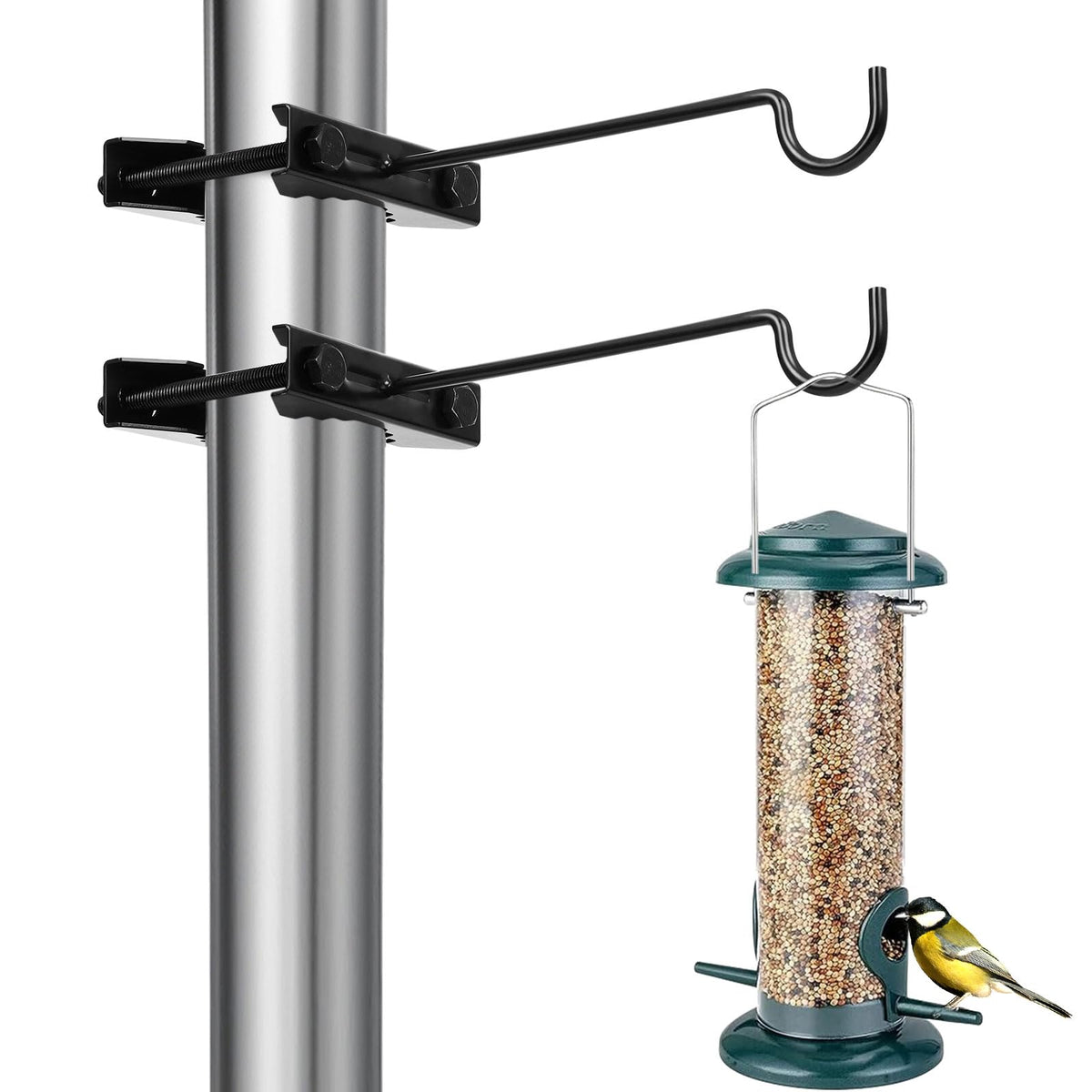 2 Pack Bird Feeder Hanger Hook, Metal Clamp-On Deck Hook for Railing Pole, Outdoor Hanging Bracket for Plant, 