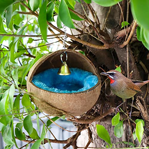 2 Pcs Natural Coconut Shell Bird Nest House Bed Breeding Nesting Anti-Pecking Bite with Warm Pad and Bell for  - view 4
