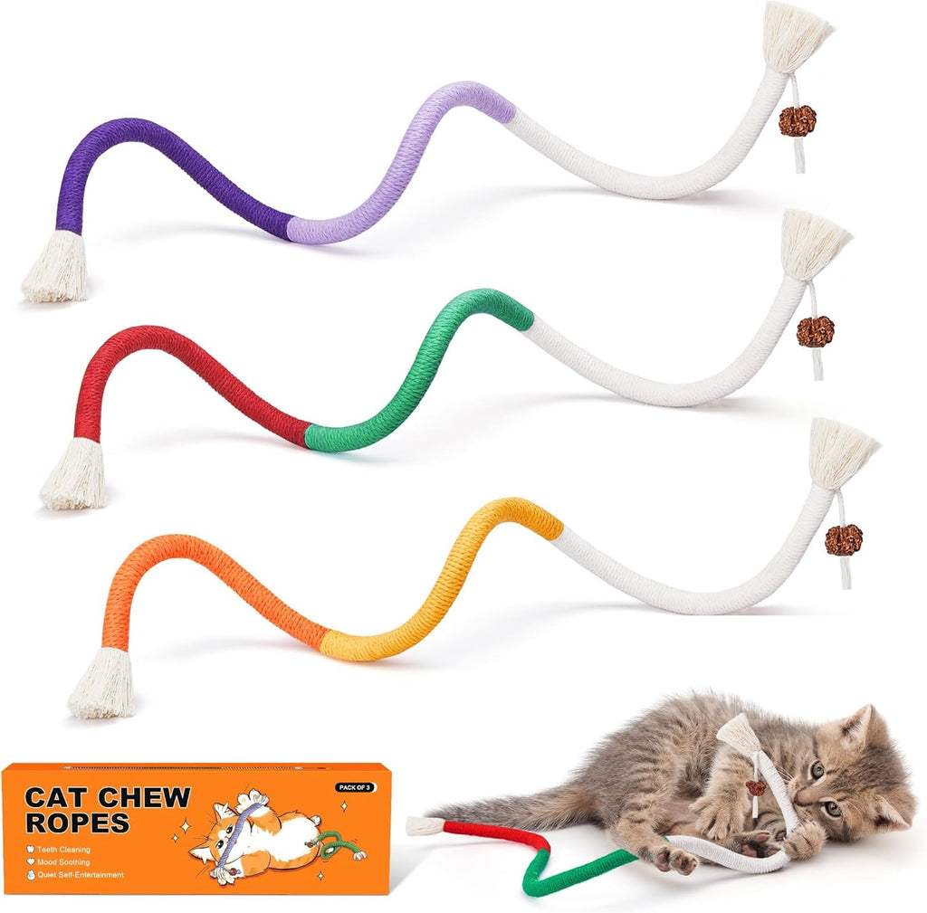 Potaroma Cat Toys Chew Ropes 3Pcs with Refillable Natural Catnip, Safe Teeth Cleaning Toy for Indoor Kittens, 